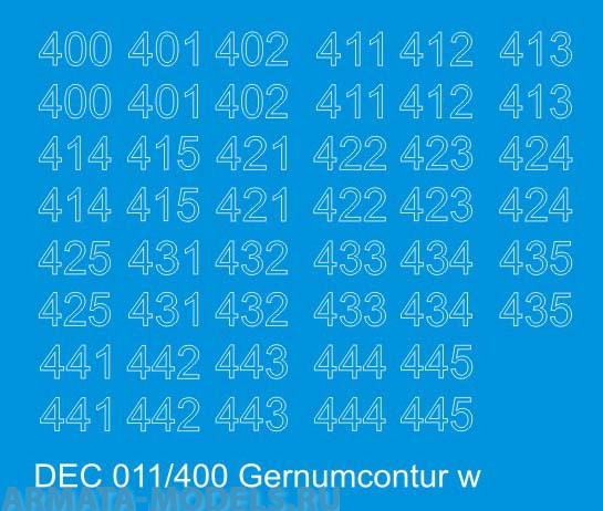 DEC011/400 Контурные номера на немецкую технику масштаб 1/100 с 100 по 400. Цвет – белый контур